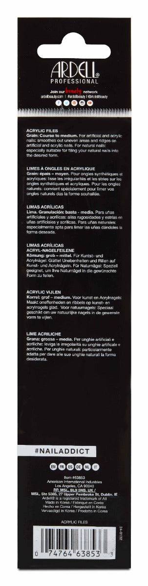 Back of Ardell Nail Addict Acrylic File packaging with printed text in different languages