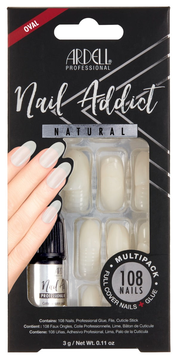 Front view of Ardell Nail Addict Natural Oval Multipack in a wall-hook retail packaging