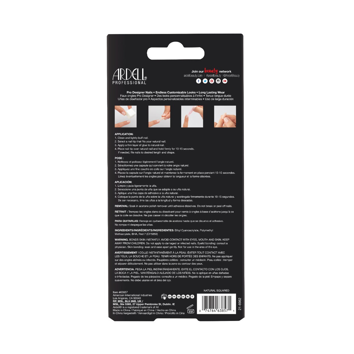Back of Ardell Nail Addict Natural Squared Multipack box with step-by-step instructions in different languages