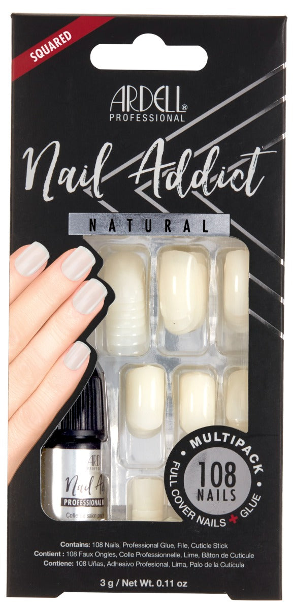 Frontage of Ardell Nail Addict Natural Squared Multipack in a wall-hook retail packaging