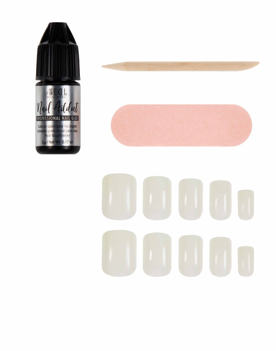 Ardell Nail Addict kit with short square white nails, nail glue, pink buffer, and wood stick.