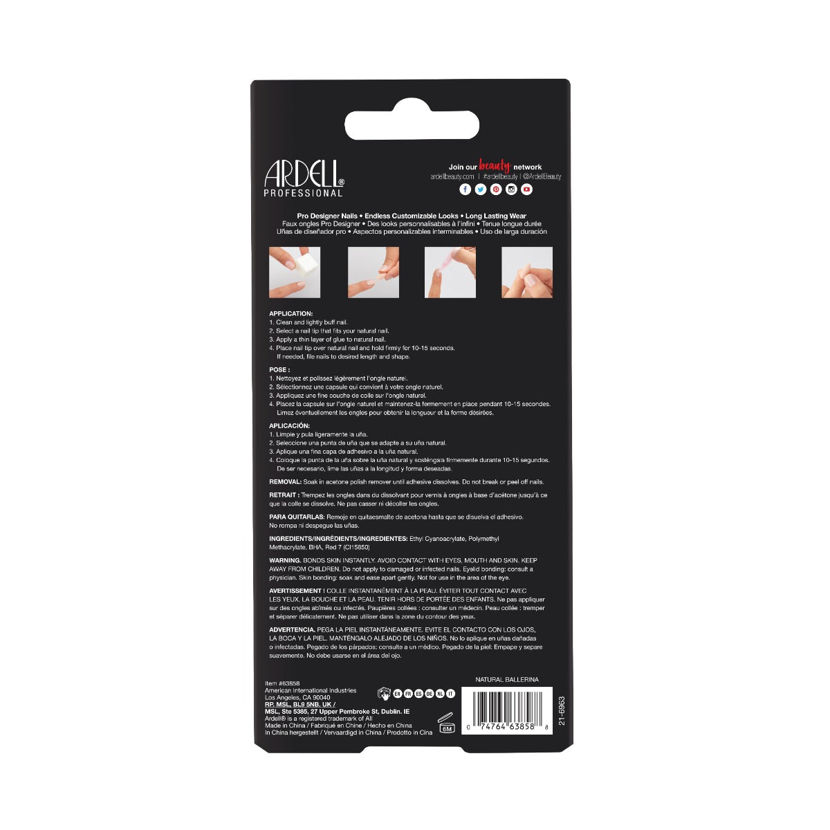 Back details of Ardell Nail Addict Natural Ballerina Multipack box with step by step instructions in different languages