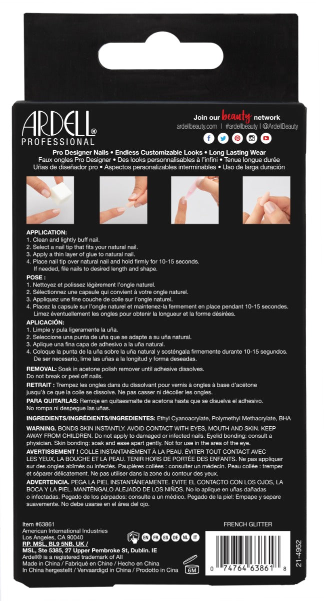Back of Ardell Nail Addict in French Glitter with application instructions in three different languages