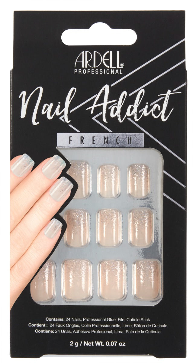 Front of Ardell Nail Addict in French Glitter color shade retail pack with label text