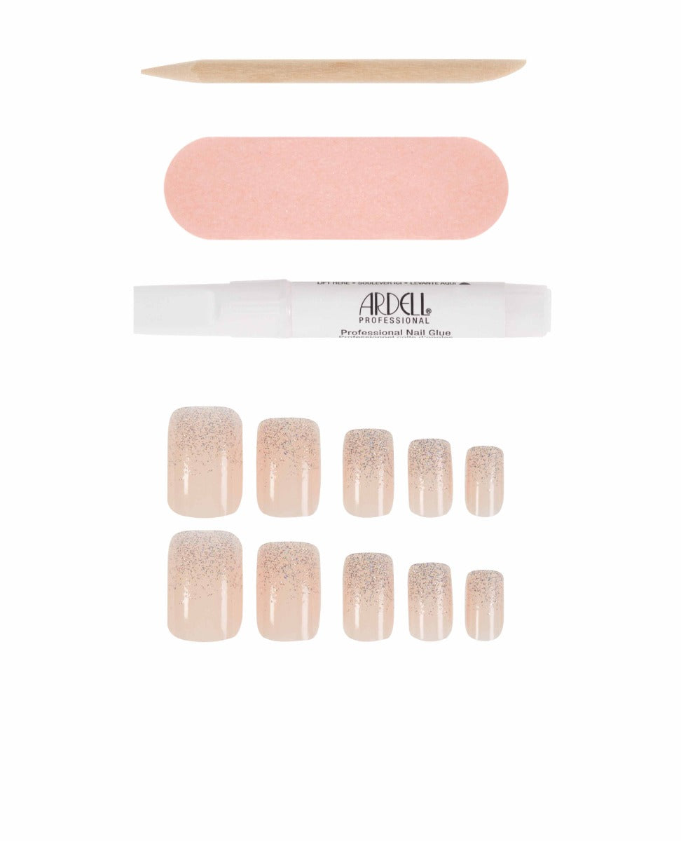 Ardell short press-on nails in nude with subtle glitter fade, includes glue, file, and cuticle stick.