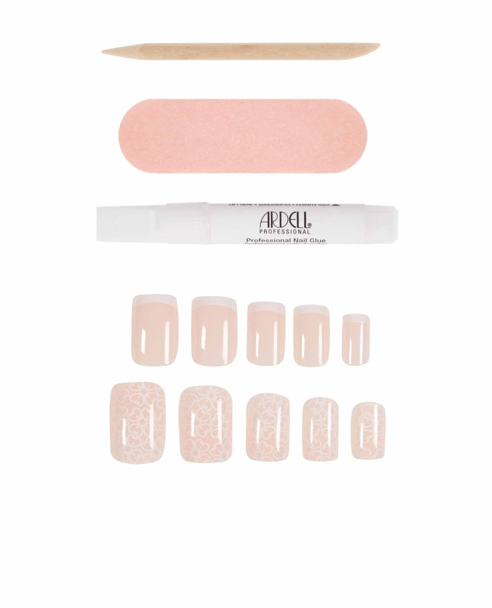 Ardell nude pink press-on nails with white floral lace accent, including nail glue and file for easy use.