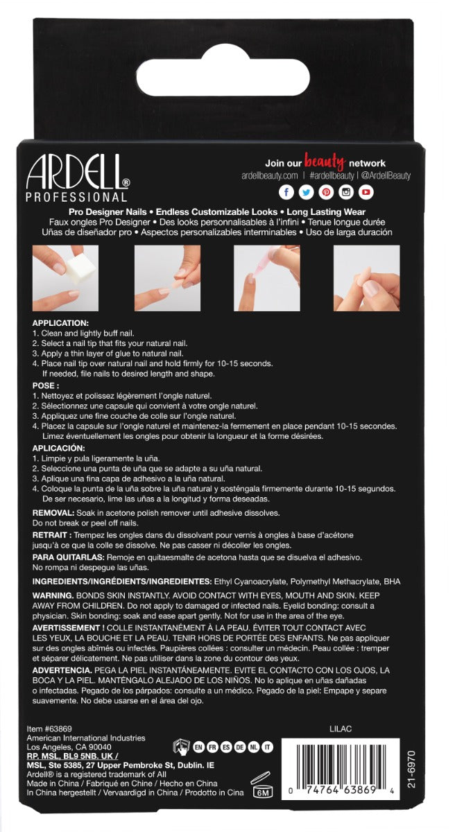 Back of Ardell Nail Addict Lilac with application instructions in three different languages