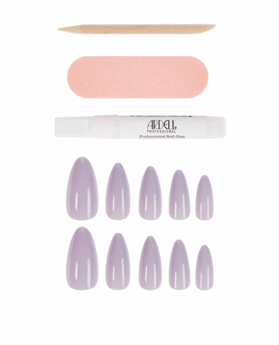Ardell Glossy Lilac Almond Nails Kit with full application tools for soft, pastel-inspired nail styling.