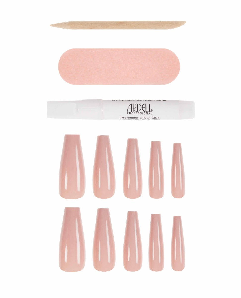 Ardell Glossy Nude Coffin Nails Kit featuring long, tapered tips with nail glue, buffer, and cuticle tool.