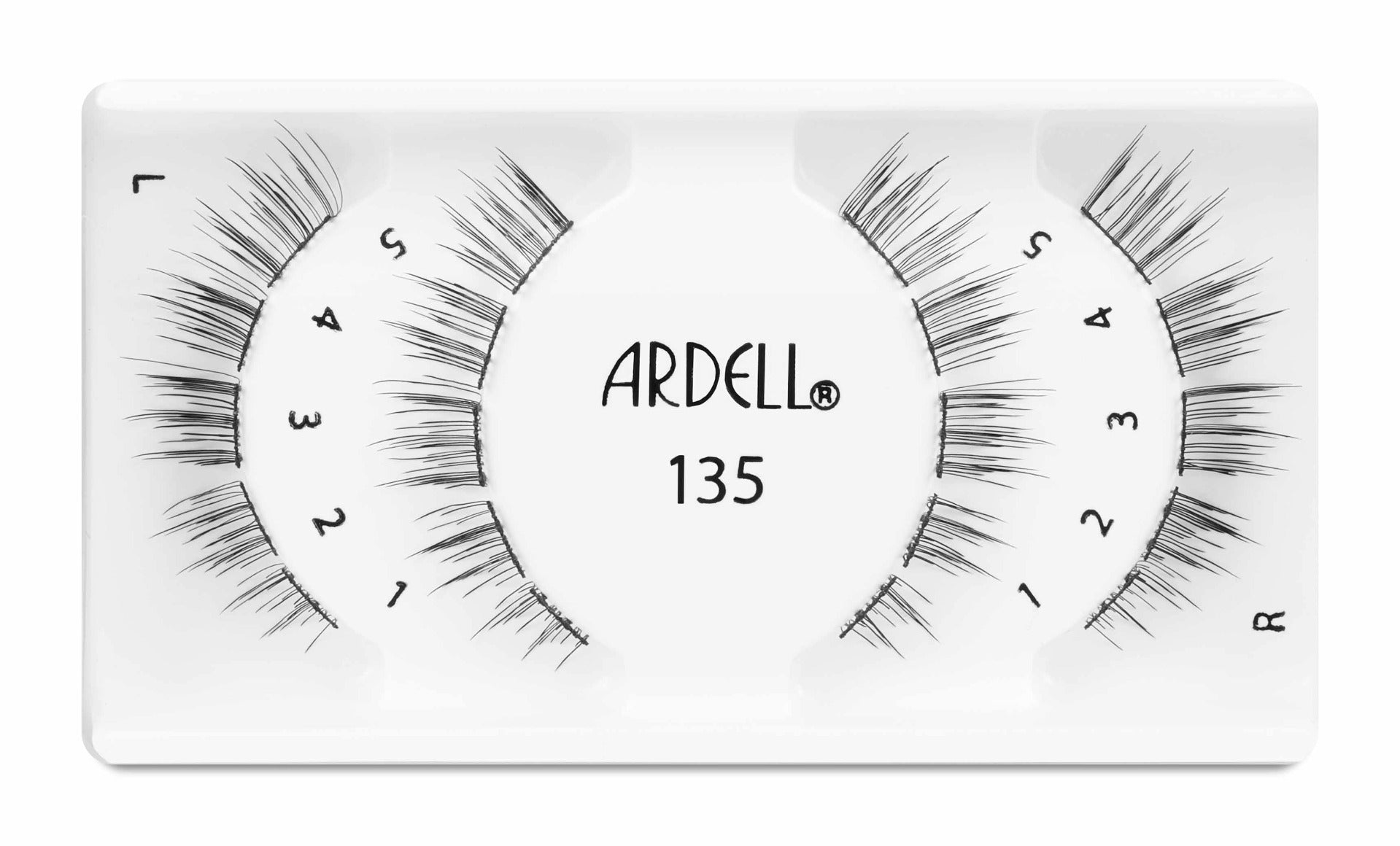 Ardell X-Tended Wear Lashes 135 in numbered tray, designed for long-lasting wear with tapered, lightweight lash segments.