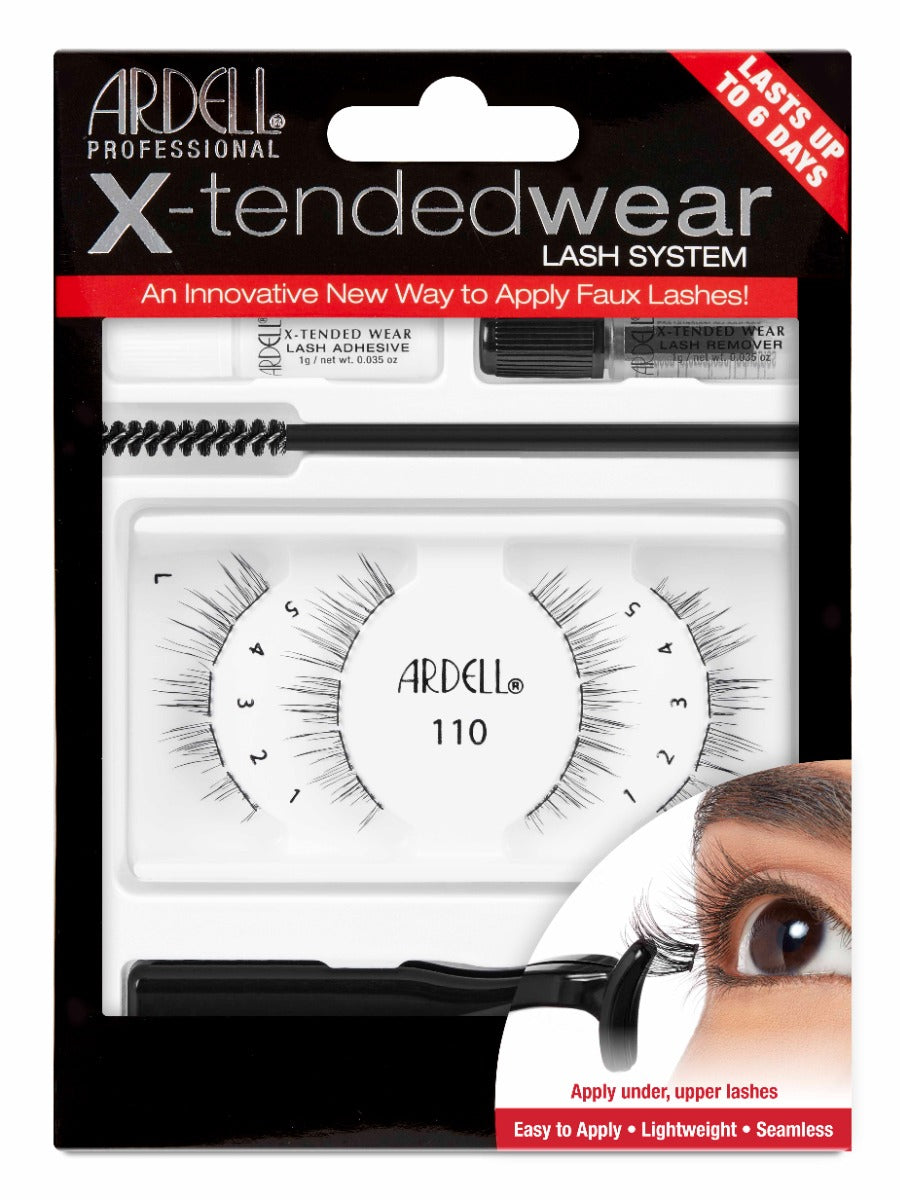 Front view of Ardell, X-tended Wear #110 lashes in retail wall hook packaging
