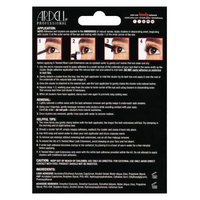 Back of Ardell X-tended Wear kit with application steps, lash tips, removal instructions, and ingredient list.