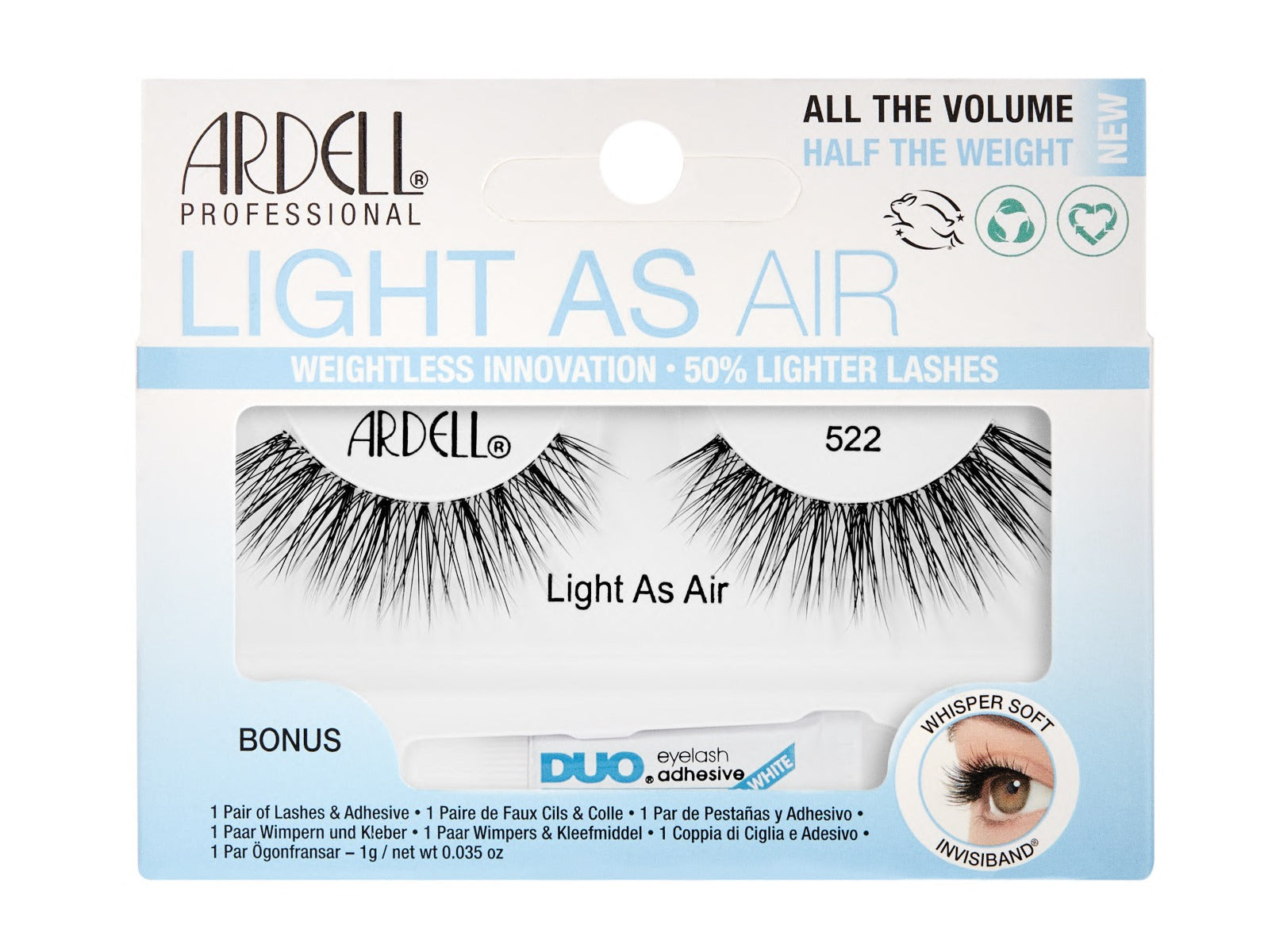 Front-facing of Ardell's Light As Air 522 retail packaging with printed label and product information 