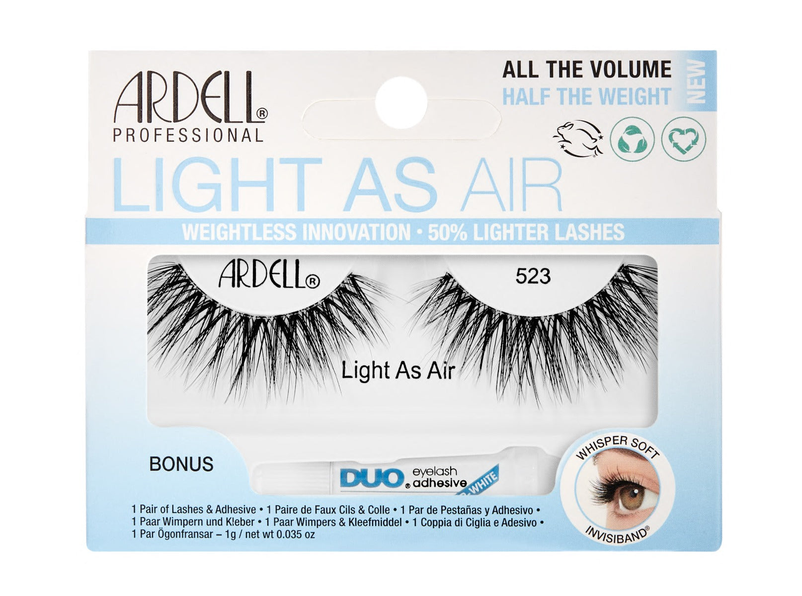 Front-facing of Ardell's Light As Air 523  wall-hook ready retail packaging with printed product information 