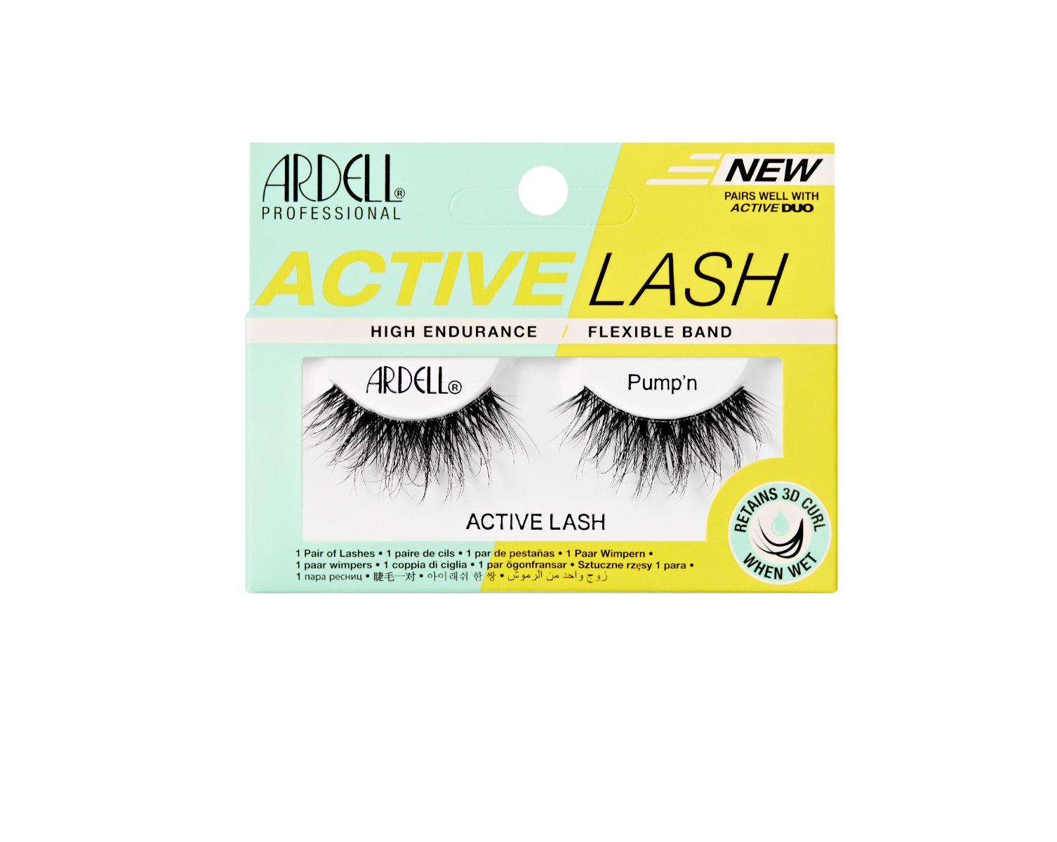 Front view of Ardell Active Lash Pump'n wall-hook ready retail box