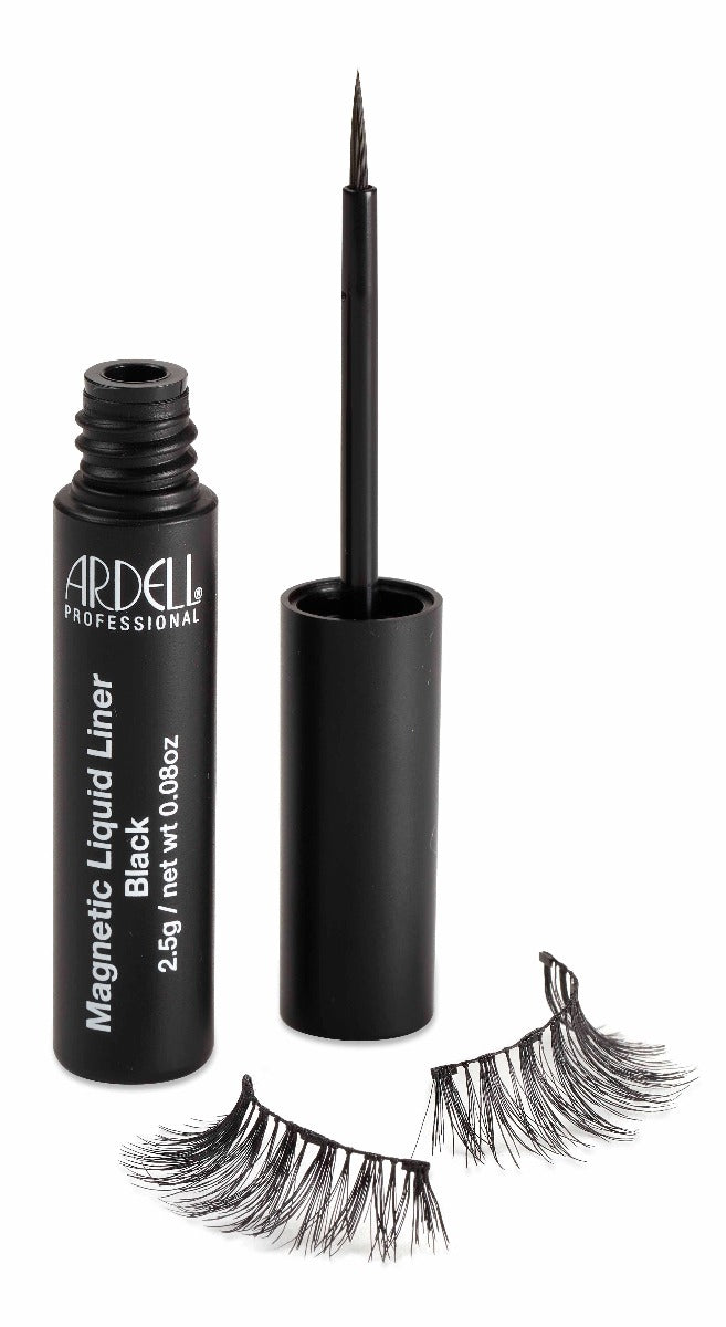 Uncapped Ardell, Magnetic Liquid Liner bottle side by side with string brush cap with Wispies false lashes below 