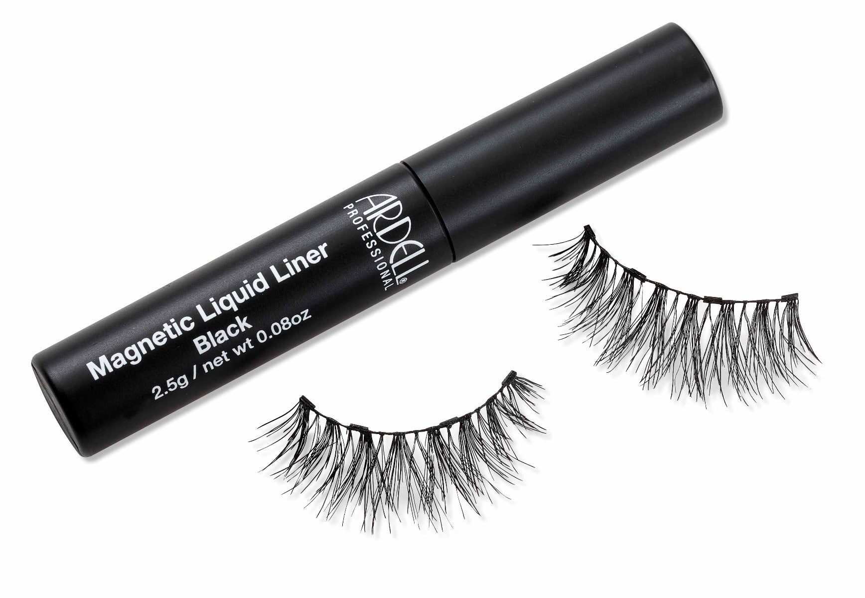 Capped Ardell Magnetic Liquid Liner bottle laying on its side with Lash 110 Wispies false lashes below