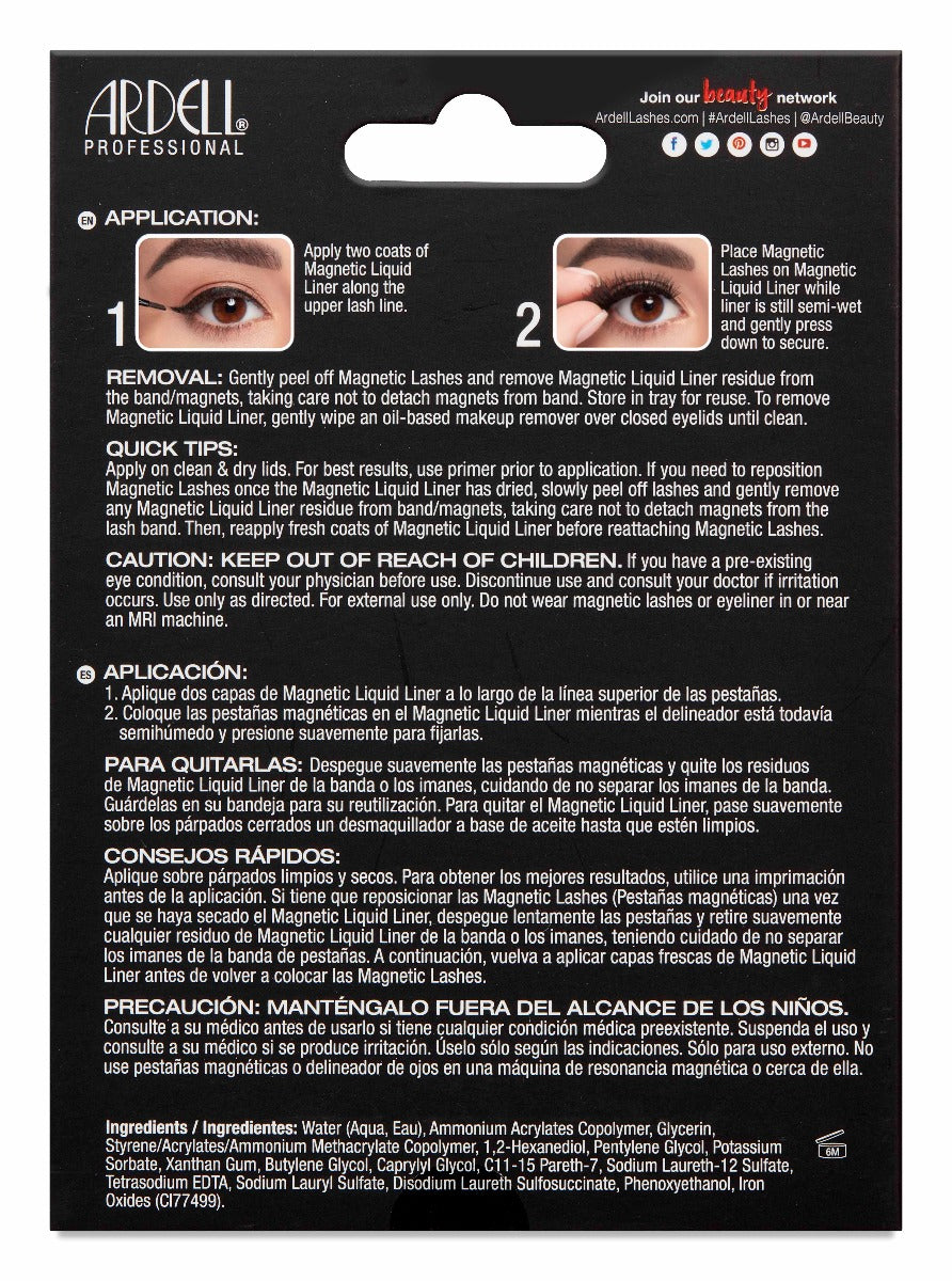 Back of Ardell, Magnetic Liquid Liner & Lash Kit, Wispies box showing instructions in English & Spanish