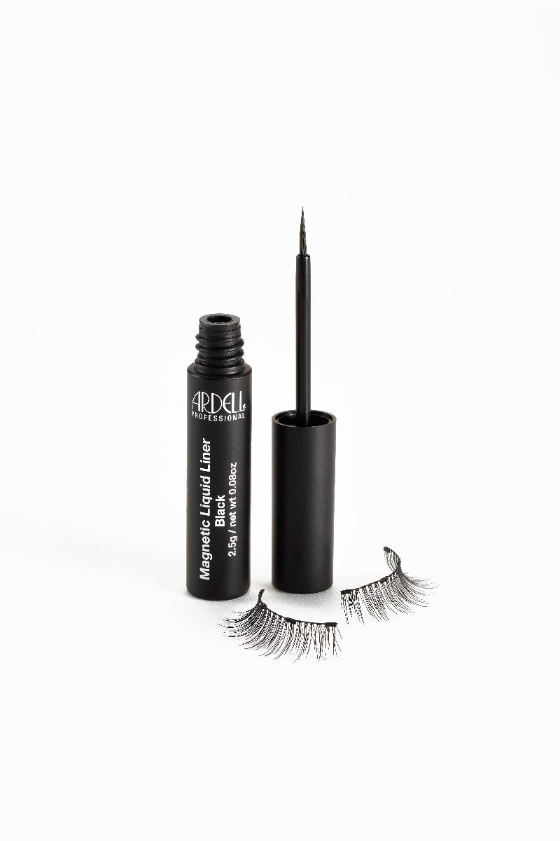 Uncapped Ardell, Magnetic Liquid Liner bottle side by side with st&ing brush cap with Lash 110 false lashes below 