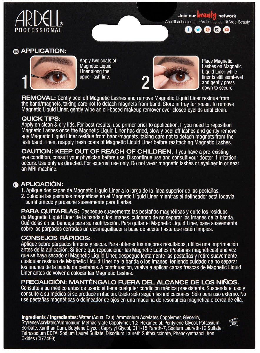 Back of Ardell, Magnetic Liquid Liner & Lash Kit, Lash 110 box showing instructions in English & Spanish