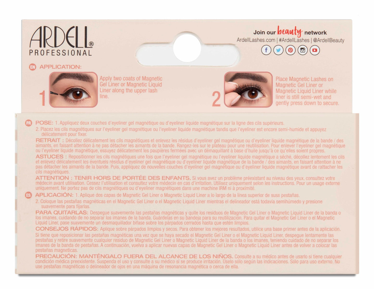 Back details of Ardell Magnetic Lash box with application & removal instructions in three different languages