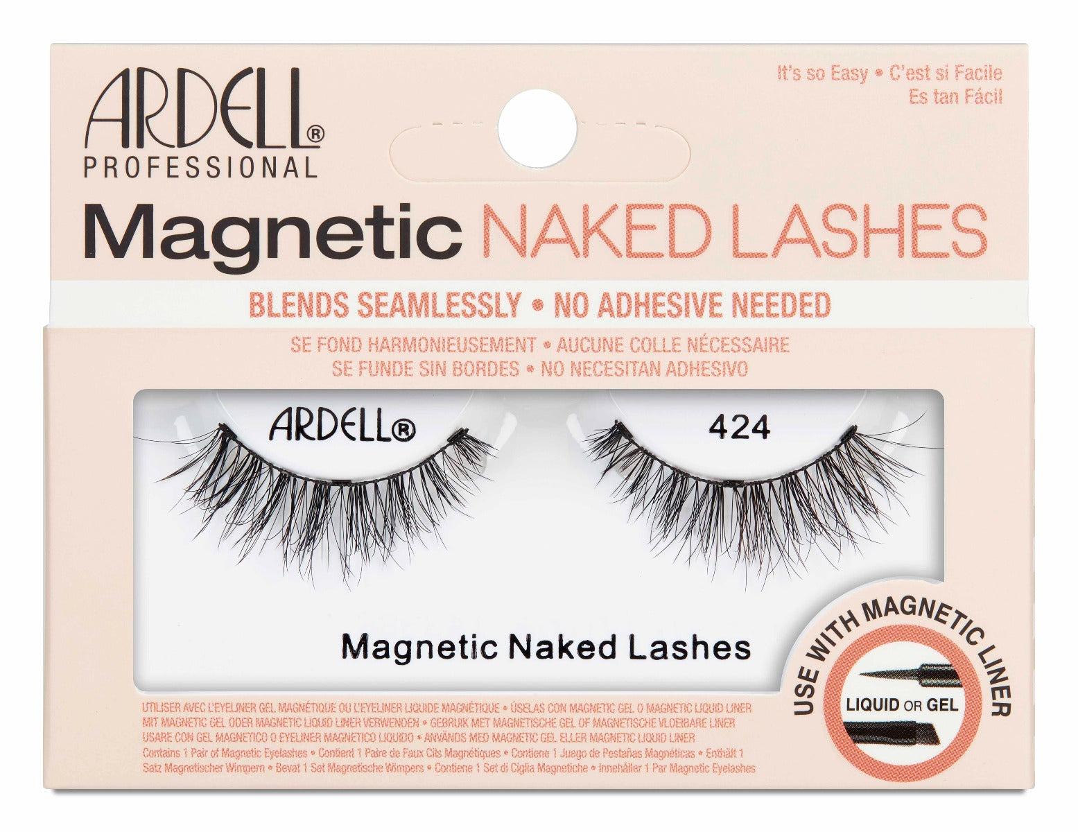 Front view of the 424 Magnetic Naked Lash from Ardell in a sealed wall-hook ready packaging with printed label text