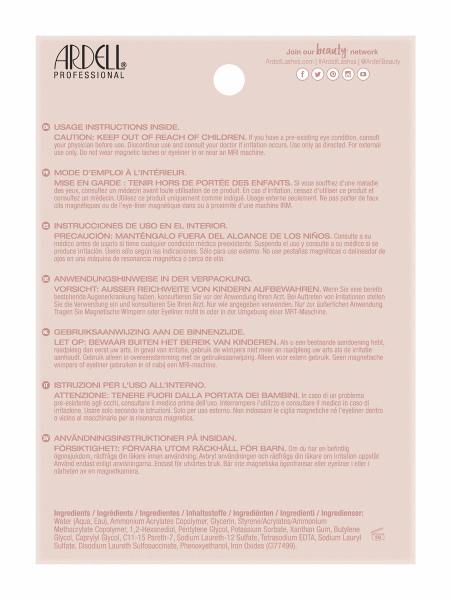 Back details of Ardell's Magnetic Naked Liner & Lash 420 packaging with product instruction and details in different languages