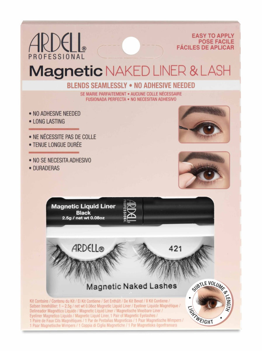 Front view of Ardell's Magnetic Naked Liner & Lash 421 wall-hook ready retail pack with printed product details and information 