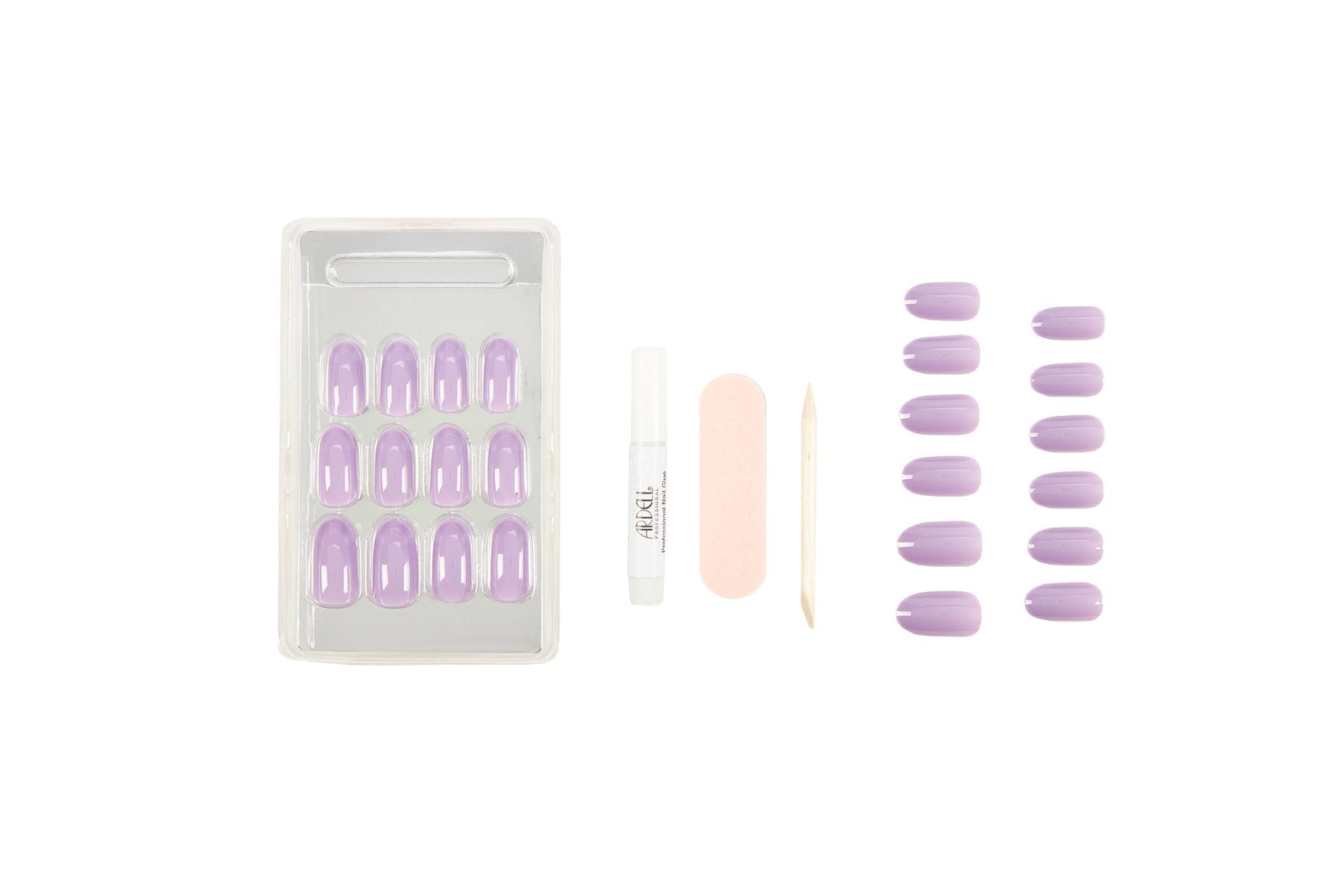 Frontal view of the complete set with tools  of Ardell Nail Addict Premium in Lovely Lavander color laid down separately