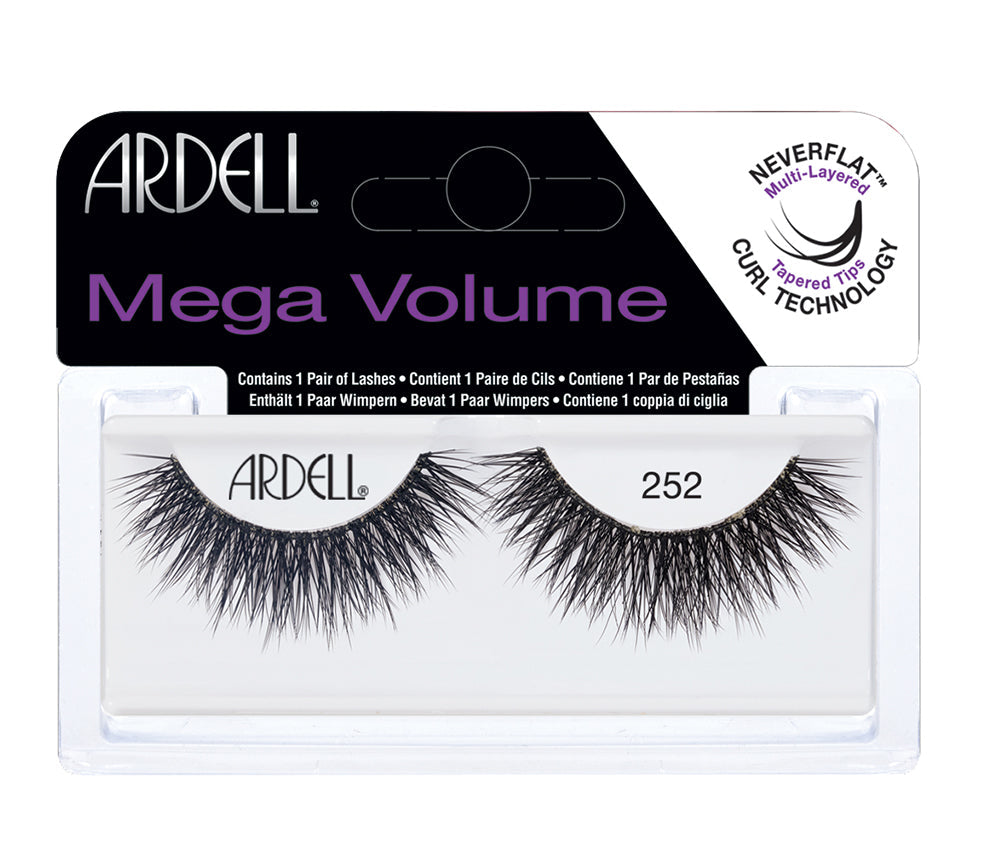 Front view of an Ardell Mega Volume 252 faux upper lashes 1-pack set in complete retail wall hook packaging