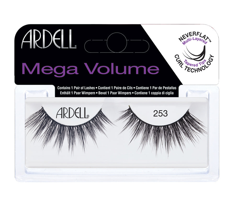 Front view of an Ardell Mega Volume 253 faux upper lashes set in complete retail wall hook packaging