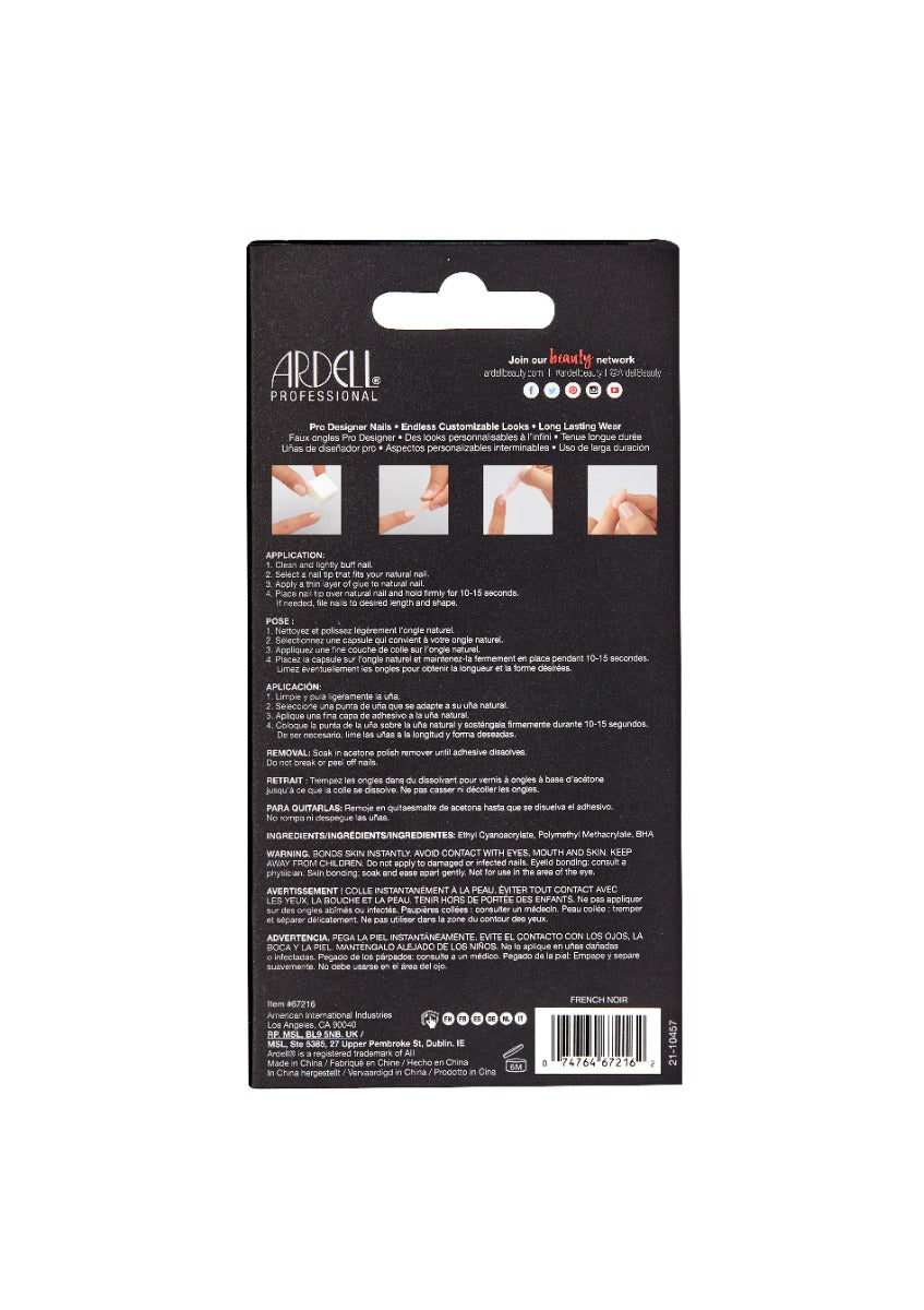 Back of Ardell Nail Addict Eco French Noir with instructions in three different languages