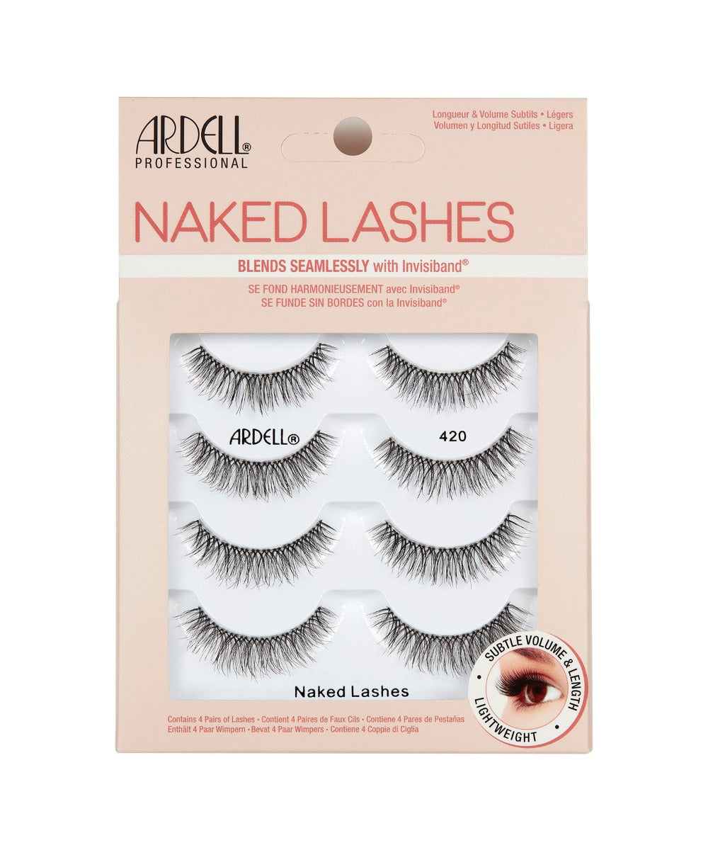 Front view of an Ardell Naked Lash 420 faux lashes set in complete multipack retail wall hook packaging