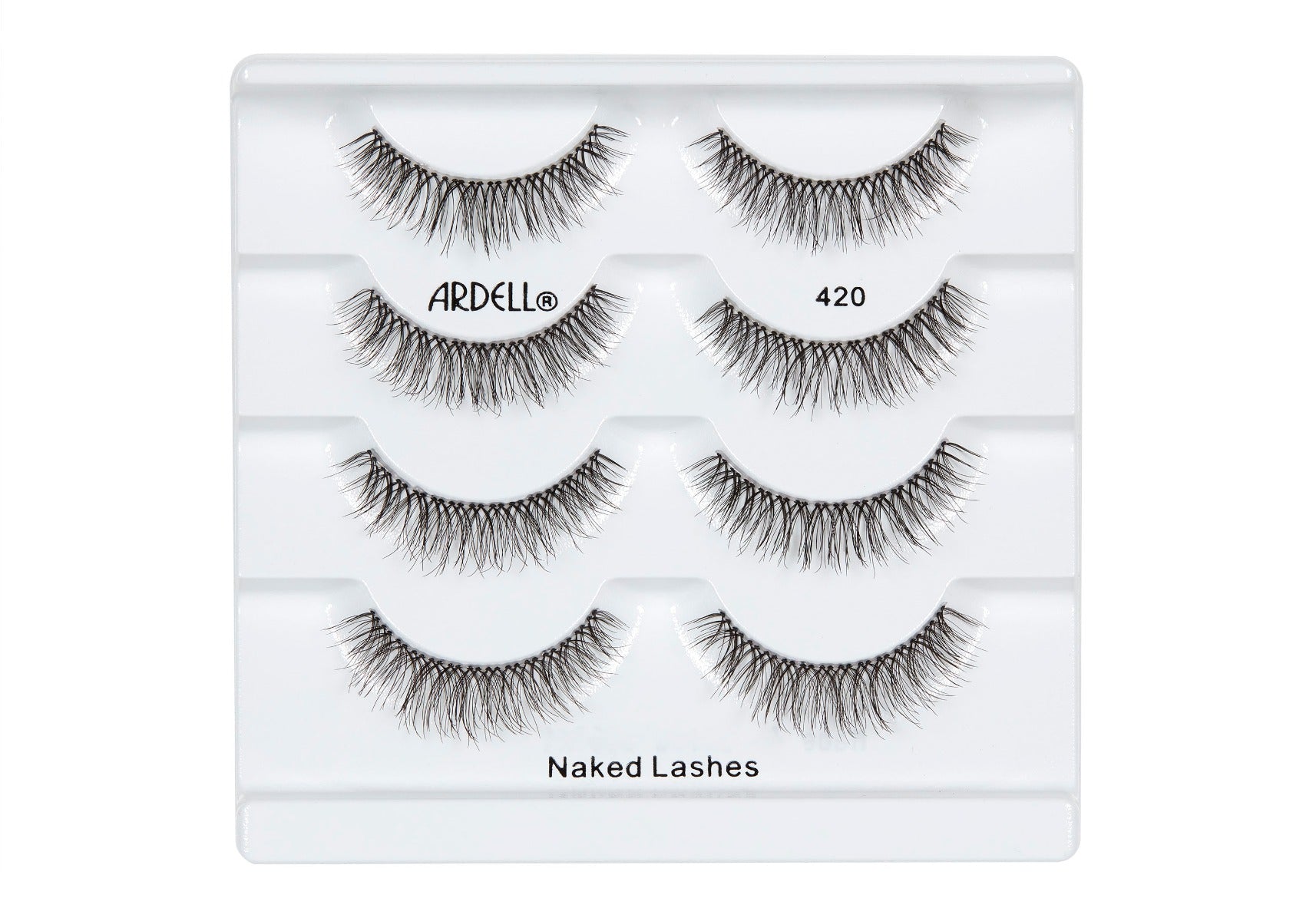 4 pairs of Ardell Naked Lash 420 faux lashes in inner multipack packaging labeled "Ardell", "421", & "Naked Lashes"