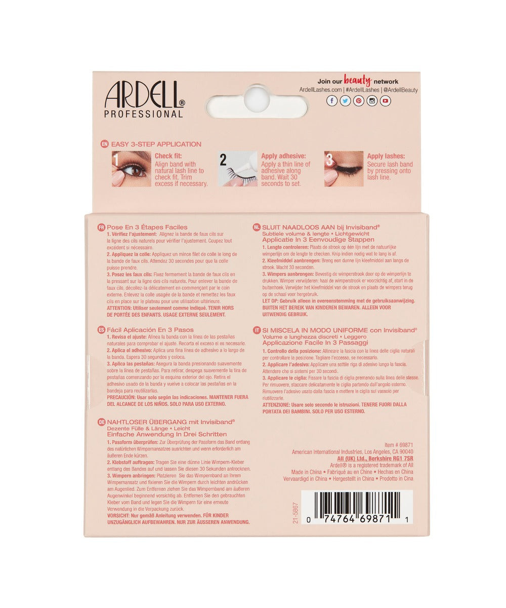 Back of Ardell Naked Lash 421 false lashes multipack retail packaging with instructions in different languages