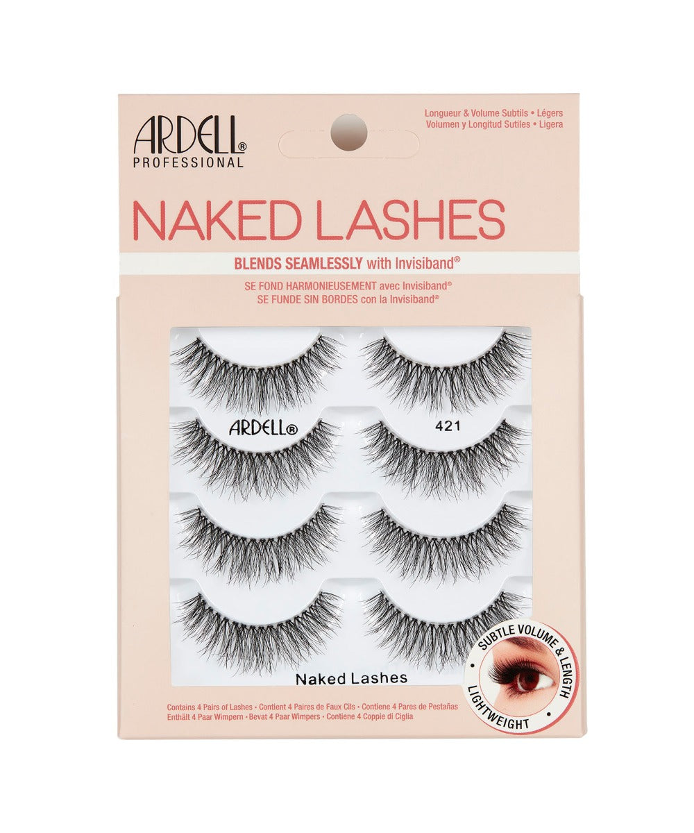 Front view of an Ardell Naked Lash 421 faux lashes set in complete multipack retail wall hook packaging