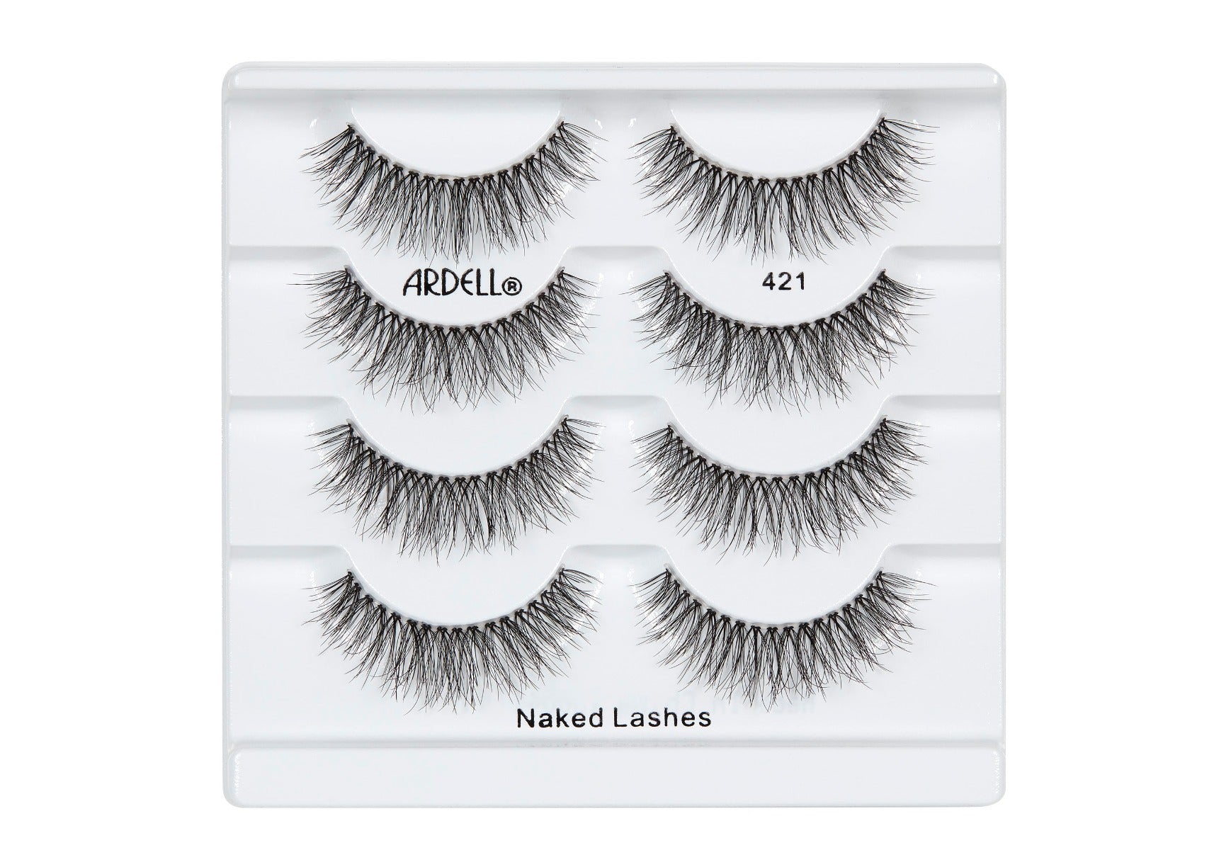 4 pairs of Ardell Naked Lash 421 faux lashes in inner multipack packaging labeled "Ardell", "421", & "Naked Lashes"