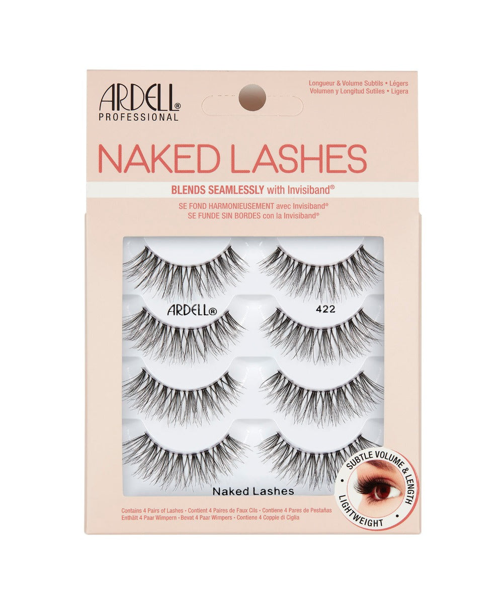 Front view of an Ardell Naked Lash 422 faux lashes set in complete multipack retail wall hook packaging