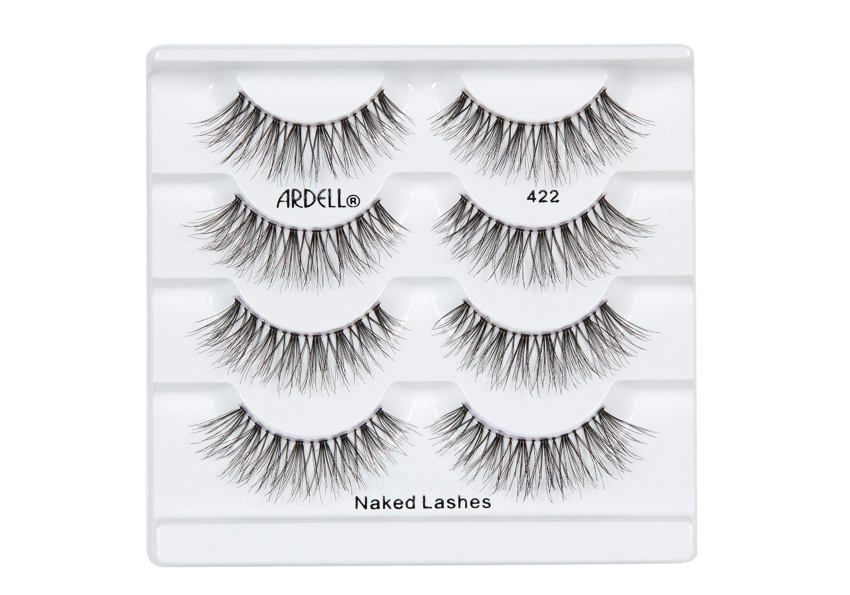 4 pairs of Ardell Naked Lash 422 faux lashes in inner multipack packaging labelled "Ardell", "422", & "Naked Lashes"