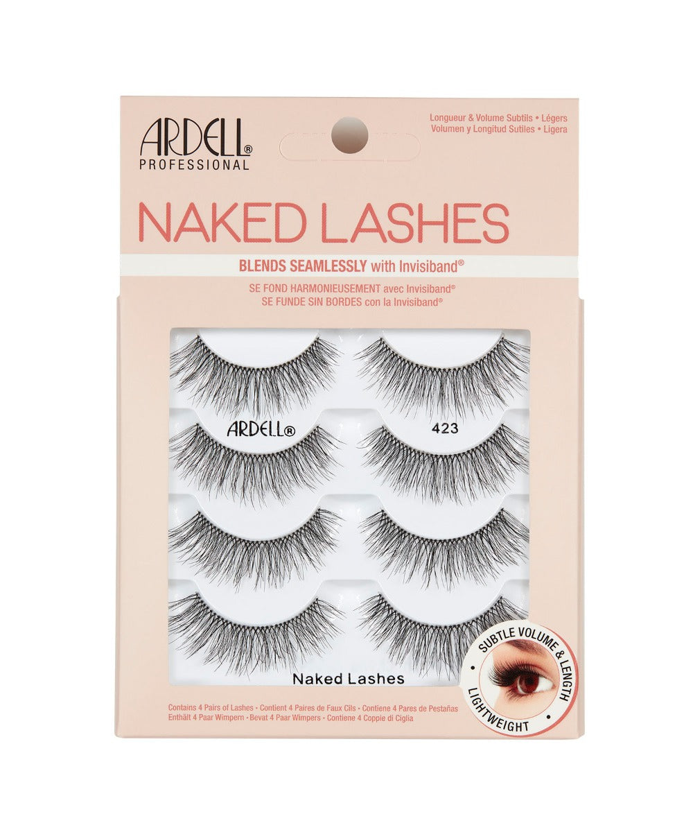 Front view of an Ardell Naked Lash 423 faux lashes set in complete multipack retail wall hook packaging