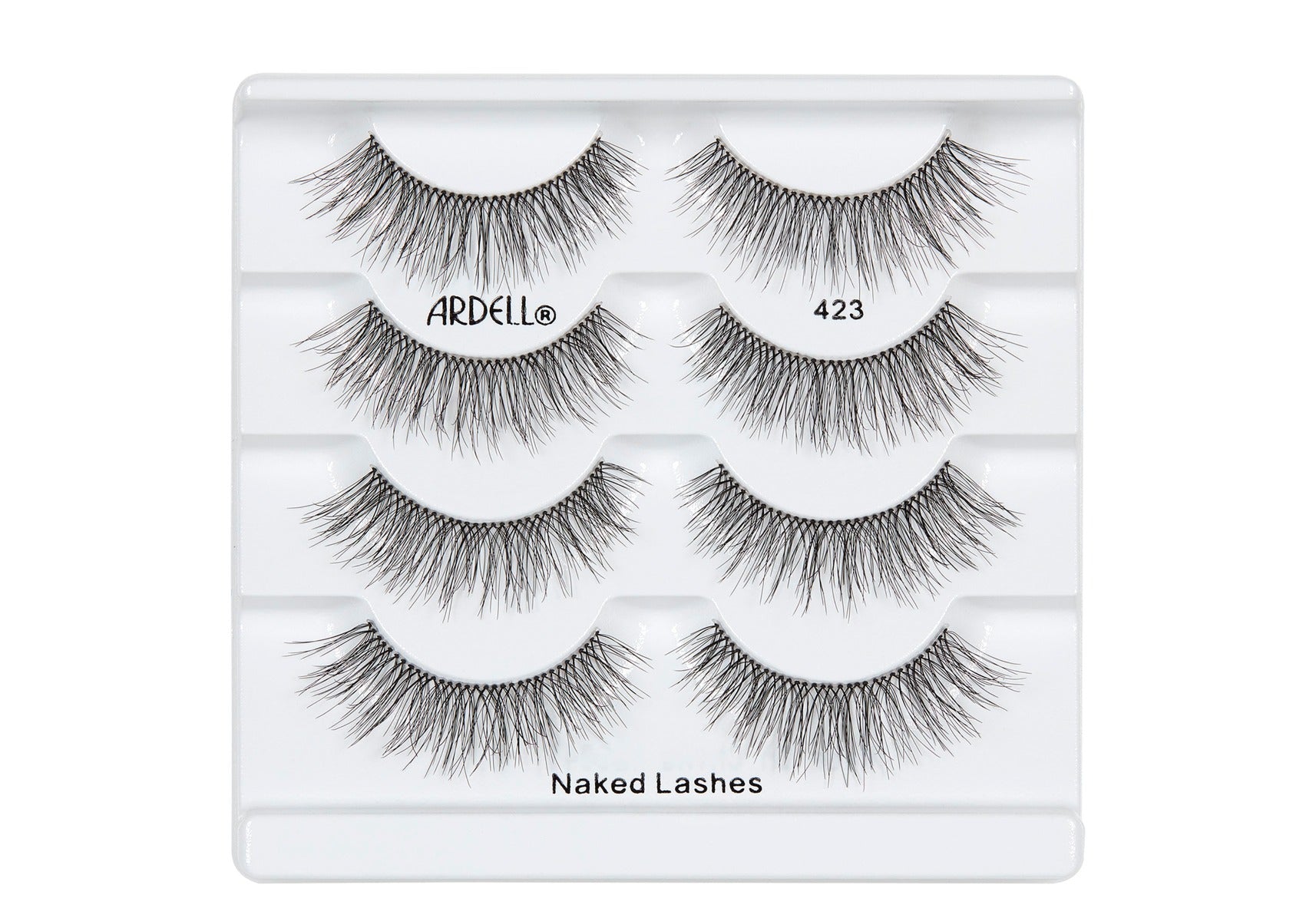 4 pairs of Ardell Naked Lash 423 faux lashes in inner multipack packaging labeled "Ardell", "423", & "Naked Lashes"