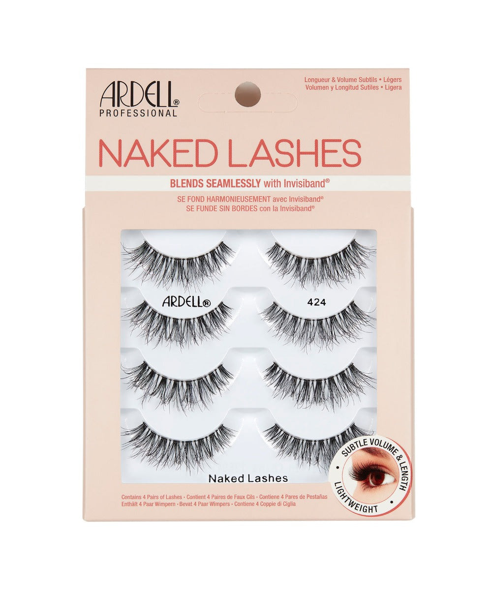 Front view of an Ardell Naked Lash 424 faux lashes set in complete multipack retail wall hook packaging