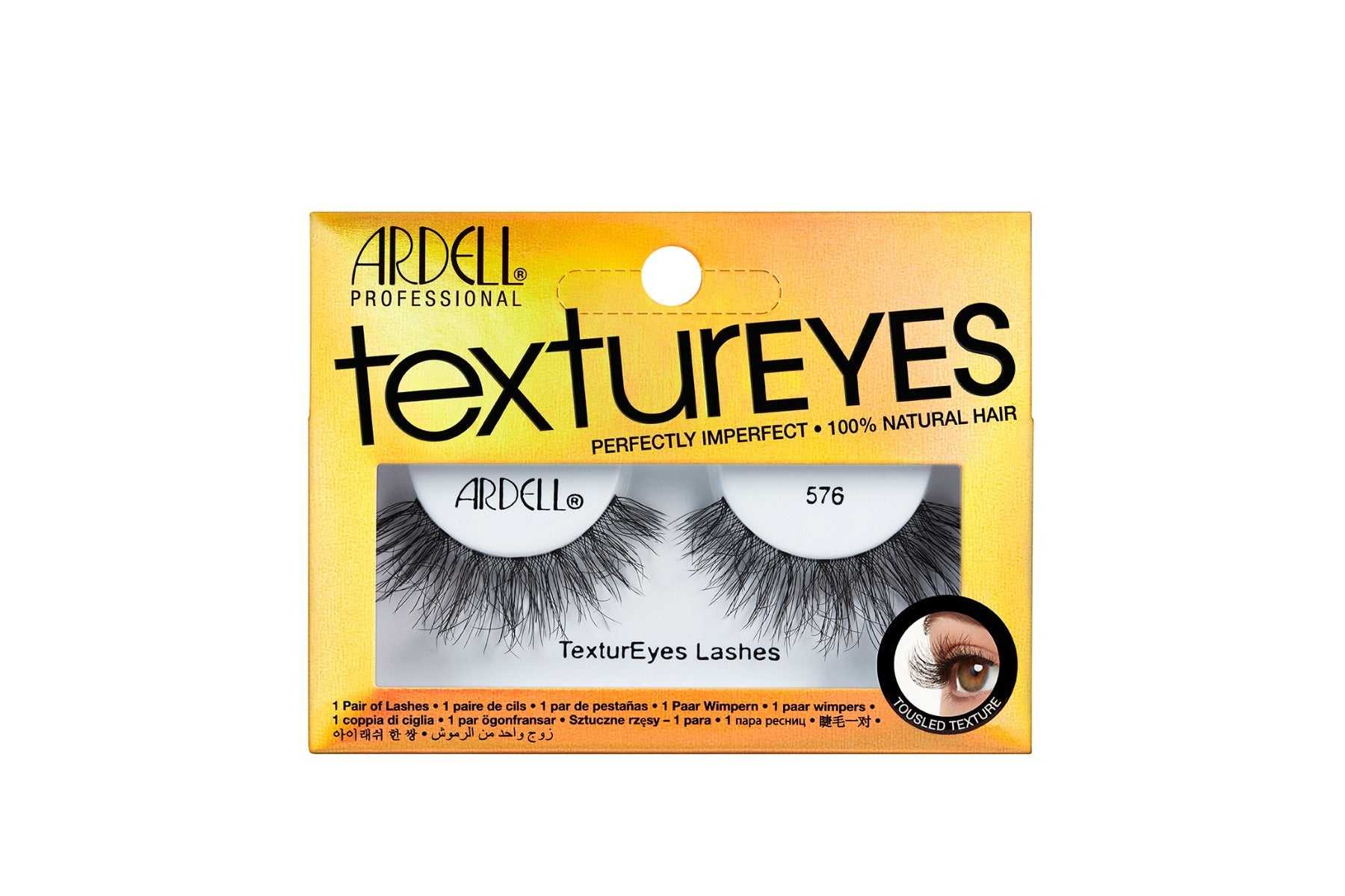 Ardell Textureyes Lash 576 placed into its retail packaging, with some texts written on it