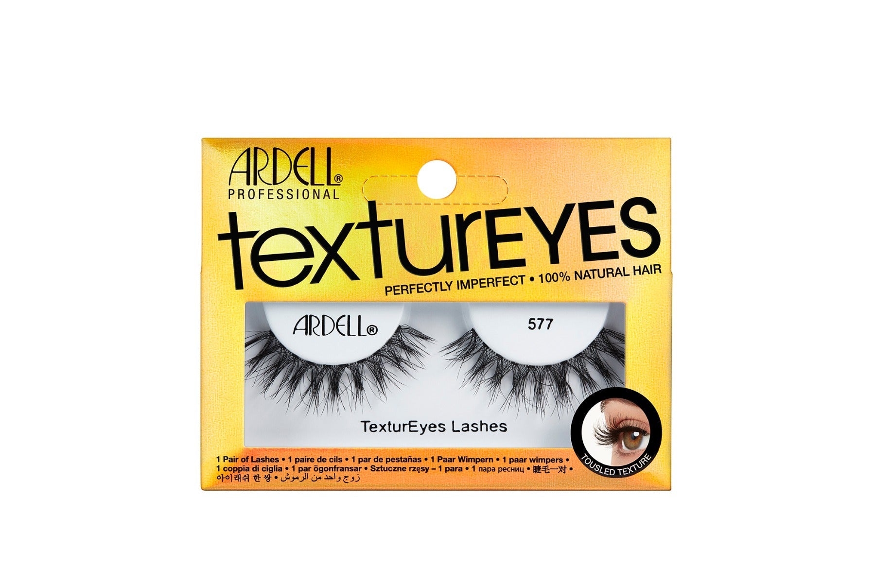 A pair of Ardell Textureyes Lash 577 was placed into its retail packaging, with some texts written on it