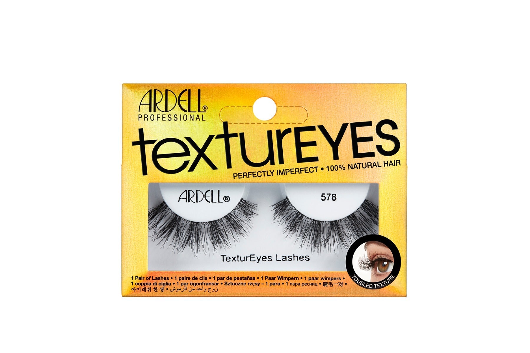 A pair of Ardell Textureyes Lash 578 was placed into its retail packaging, with some texts written on it