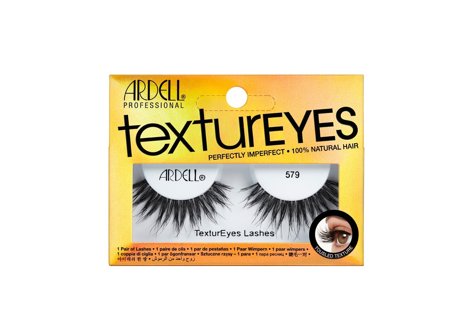 A pair of Ardell Textureyes Lash 579 placed into its retail packaging, with some texts written on it