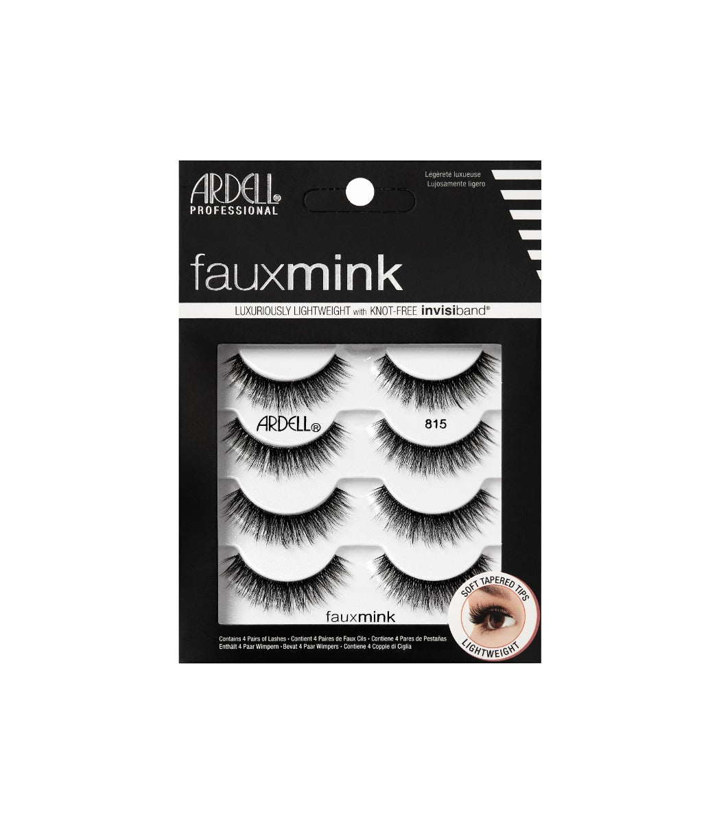 Four pairs of Ardell Fauxmink Lash 815 placed into its retail packaging with features written on it