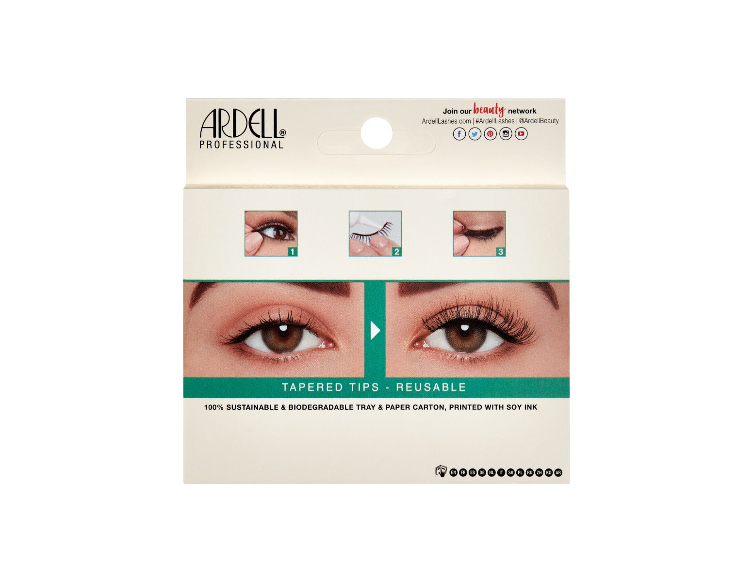 Back preview of Ardell's Eco Lashes 454 - 2 pack box with product instruction and image details of its How to use instruction