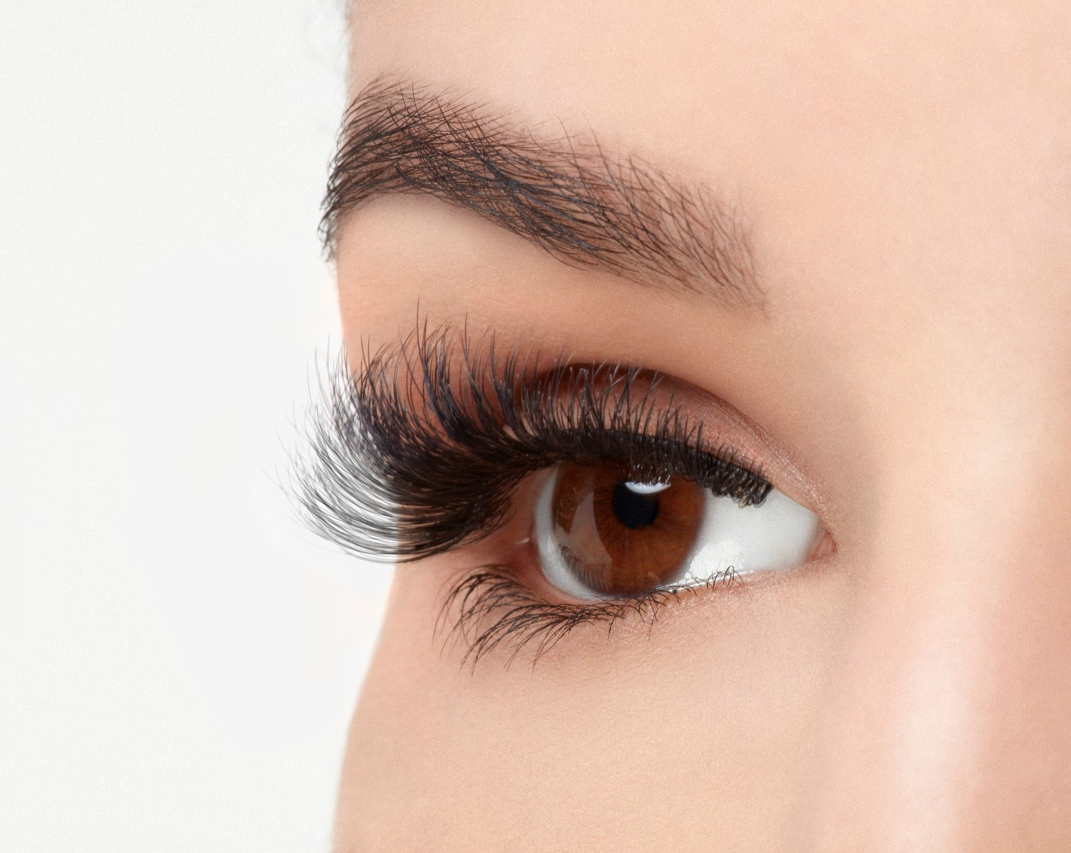 Angled close-up of a model's open right eye wearing an Ardell Mega Volume 253 faux lash