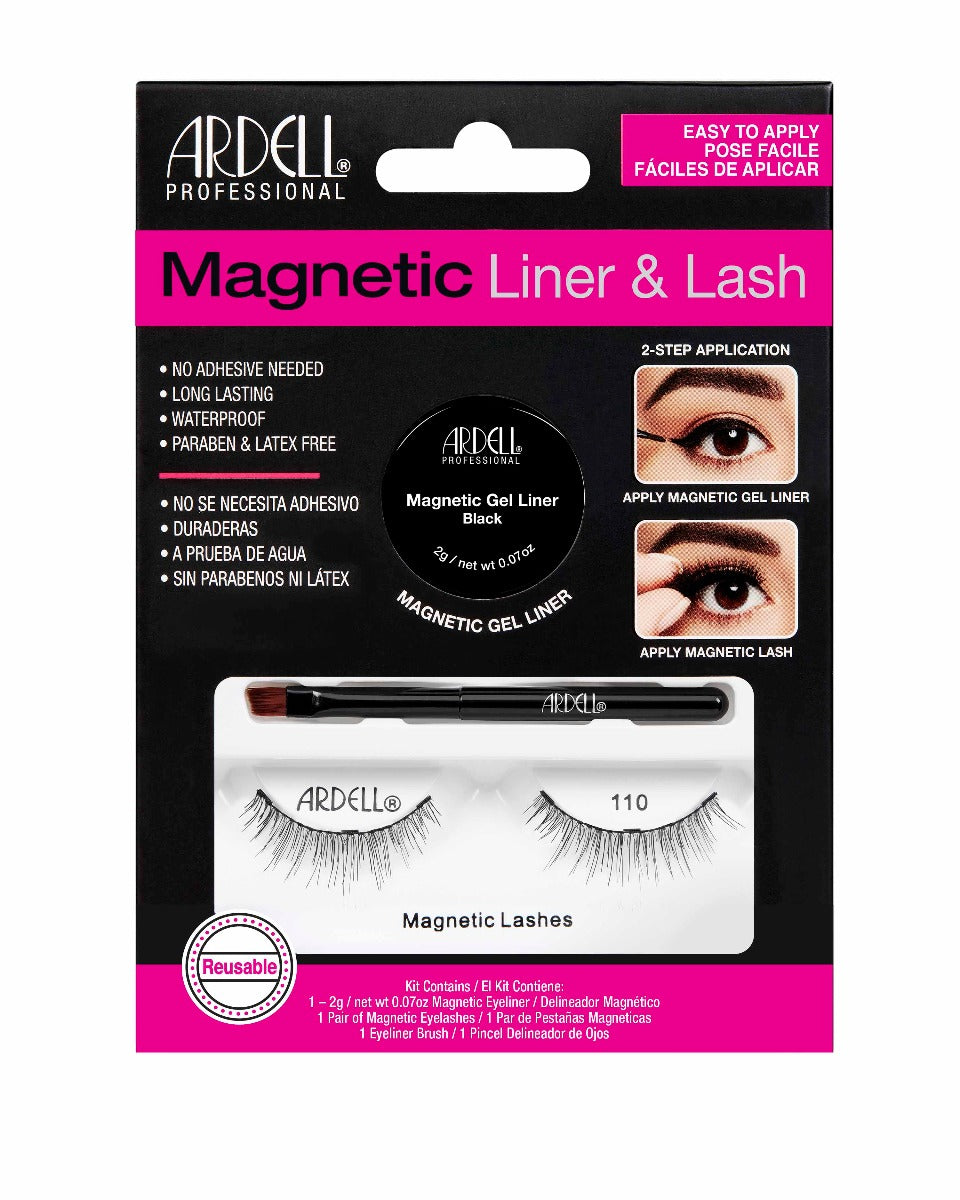 Ardell Magnetic  Liner & Lash Kit Lash 110 in packaging showing magnetic gel liner, applicator brush, & 1 pair of false lashes